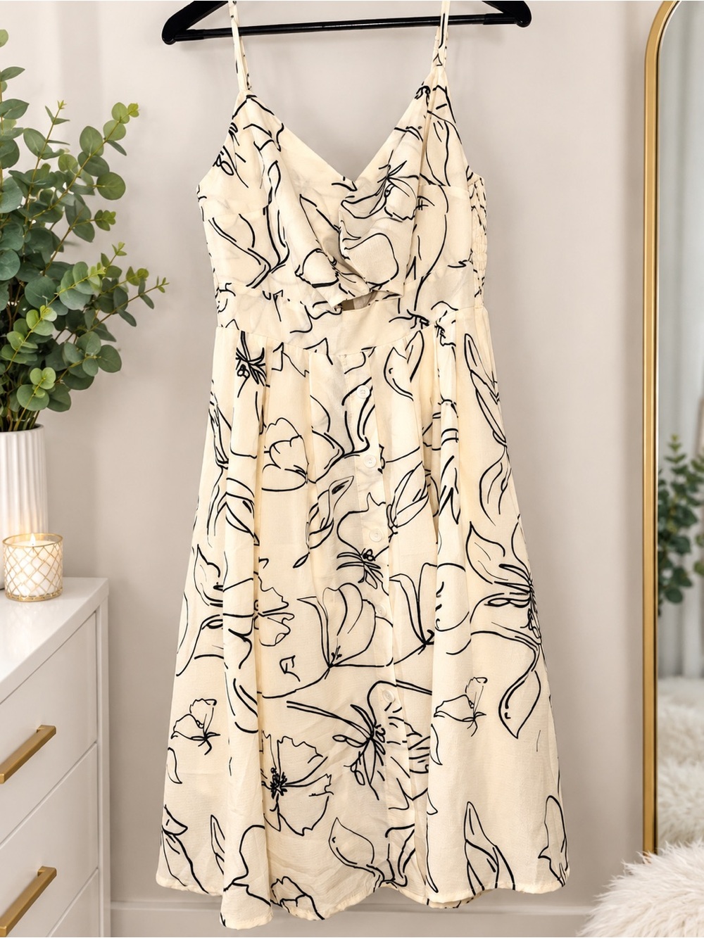 Fancyinn Cream Midi Dress with Black Floral Sketch Print